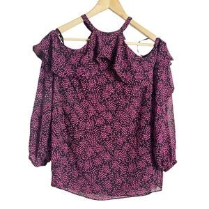 Michael Michael Kors Black Pink Star Print Ruffled Cold Shoulder Blouse Size S
